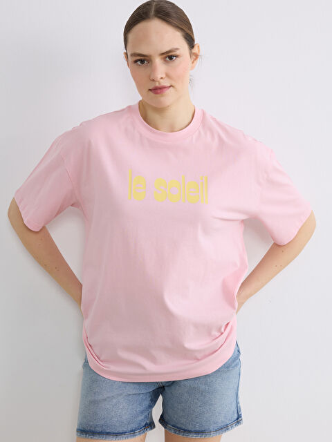 LCW ECO Bisiklet Yaka Baskılı Oversize Kadın Tişört - S6L125Z8-QX8