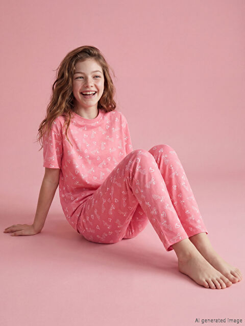 LCW Kids Baskılı Bisiklet Yaka Kız Çocuk Pijama Takım