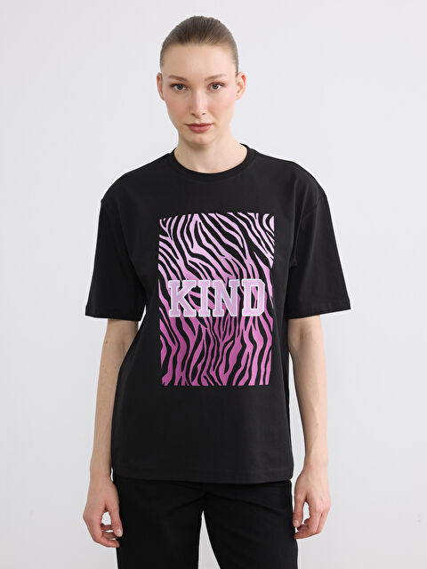 LC WAIKIKI Bisiklet Yaka Baskılı Oversize Kadın Tişört - S6L183Z8-CVL