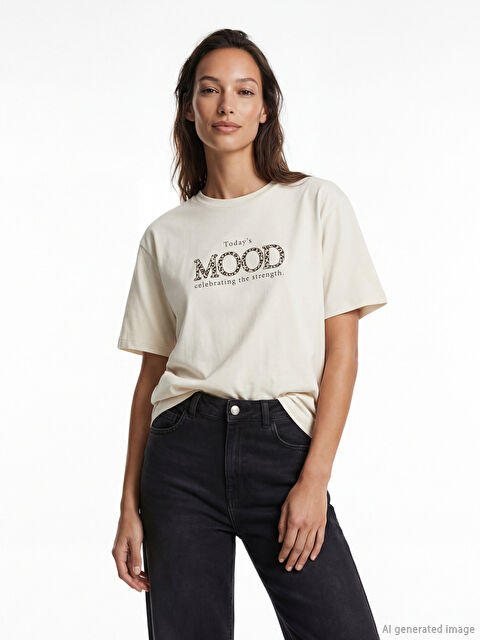 LC WAIKIKI Bisiklet Yaka Baskılı Oversize Kadın Tişört