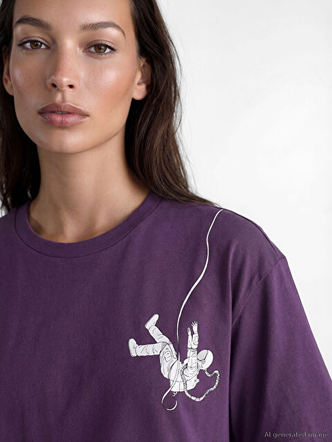 LC WAIKIKI Bisiklet Yaka Baskılı Oversize Kadın Tişört - S6L193Z8-HJX