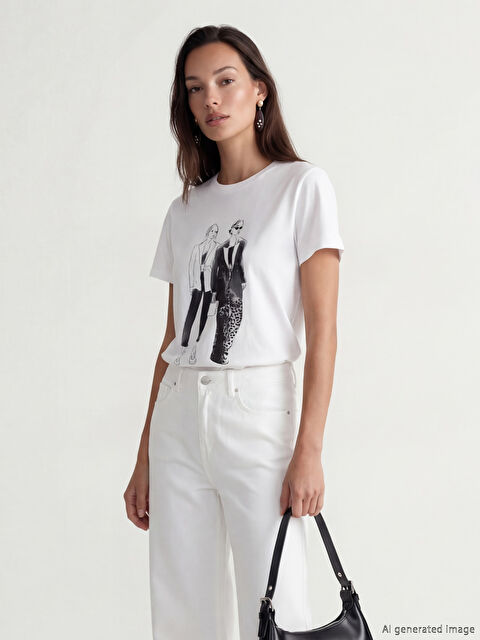 LC WAIKIKI Bisiklet Yaka Baskılı Kadın Tişört - S6L194Z8-J5E