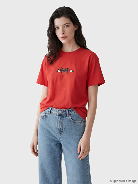 LCW Comfort Bisiklet Yaka Mickey Mouse Baskılı Kadın Tişört