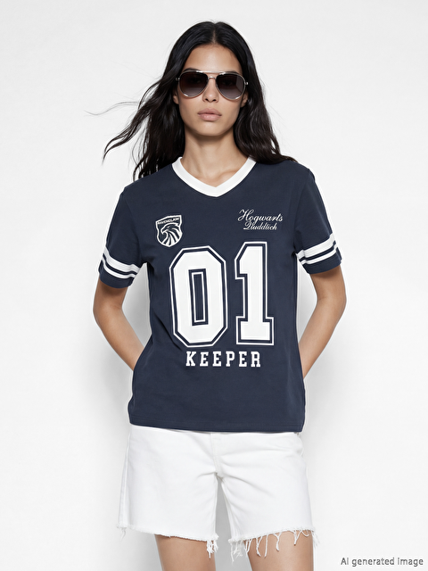 LC WAIKIKI V Yaka Harry Potter Baskılı Oversize Kadın Tişört - S6L306Z8-8N4