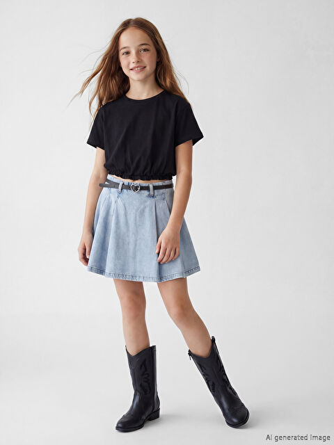 LCW Kids Fustă-pantalon plisată din denim pentru fată cu curea