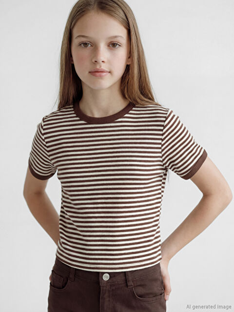 LCW Kids Bisiklet Yaka Simli Çizgili Kız Çocuk Tişört - S6L608Z4-LEW