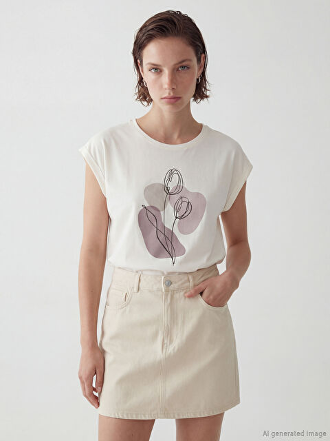 LCW ECO Bisiklet Yaka Baskılı Kadın Tişört - S6L626Z8-FDW