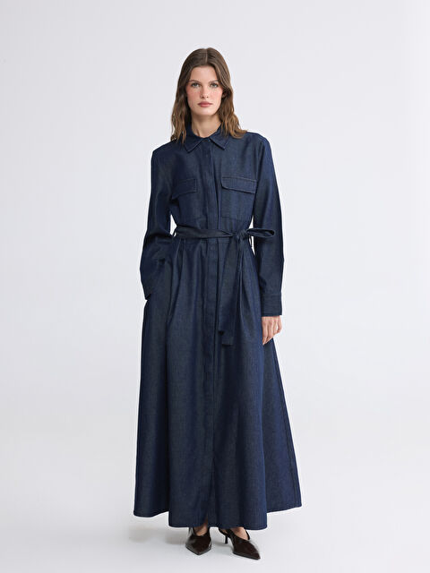LCWAIKIKI Classic Gömlek Yaka Beli Kuşaklı Jean Elbise - S6L695Z8-309