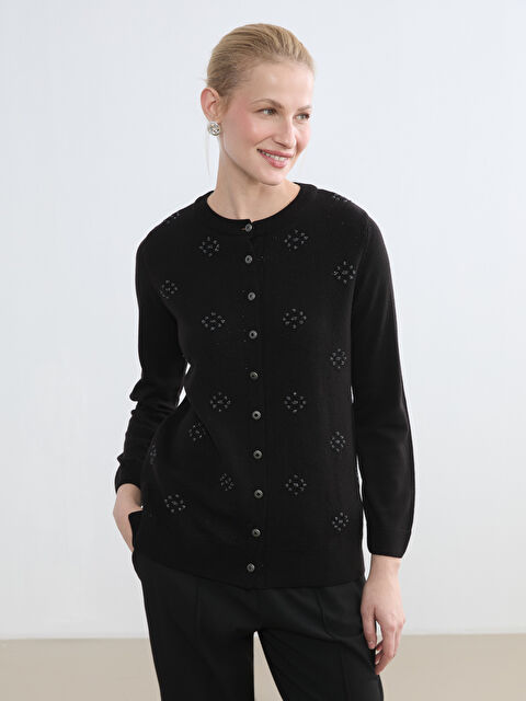 LCW Grace Bisiklet Yaka Nakışlı Kadın Triko Hırka - S6L730Z8-CVL