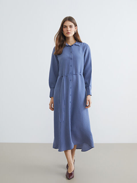 LCWAIKIKI Classic Çizgili Kuşaklı Poplin Gömlek Elbise - S6L746Z8-LEN