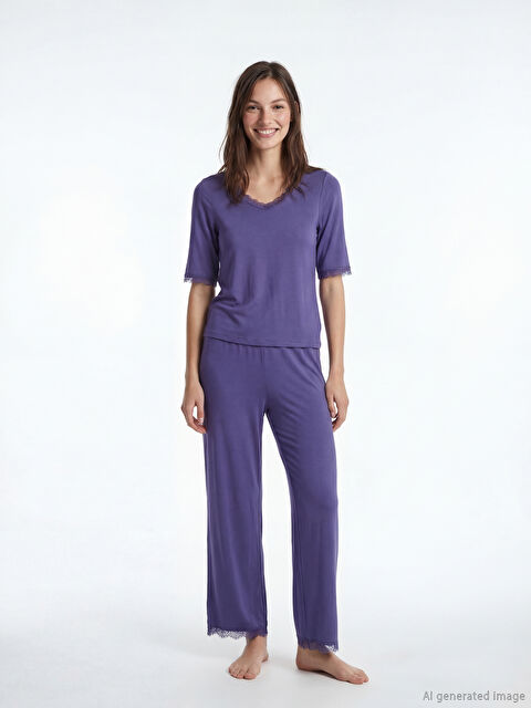 LCW DREAM V Yaka Dantel Detaylı Kadın Pijama Takım - S6L898Z8-HMX