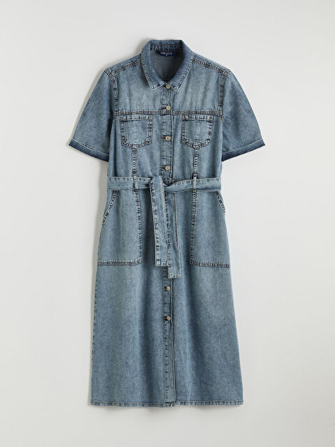 LCW Vision Gömlek Yaka Beli Kuşaklı Jean Elbise - S6LA43Z8-507