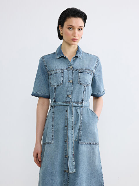 LCW Vision Gömlek Yaka Beli Kuşaklı Jean Elbise - S6LA43Z8-507