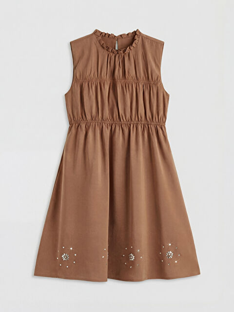 LCW Kids Fırfırlı Yaka Taşlı Kız Çocuk Gabardin Elbise