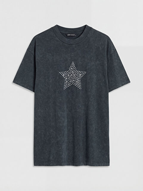 LCW Modest Bisiklet Yaka Taşlı Kadın Tişört - S6LB95Z8-12M