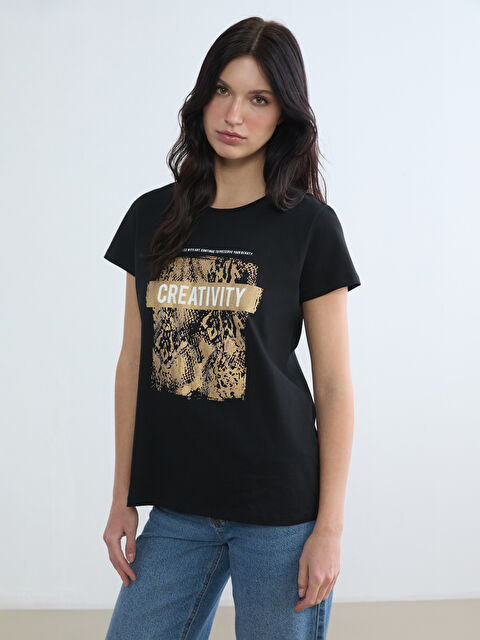 LCW ECO Bisiklet Yaka Baskılı Kadın Tişört	 - S6LD07Z8-CVL