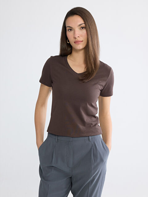 LCWAIKIKI Basic V Yaka Kadın Tişört - S6LD09Z8-HDB