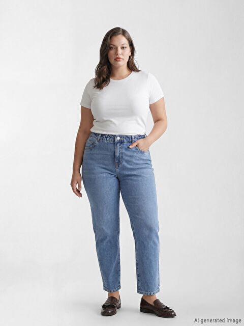 LCW Comfort Beli Lastikli Mom Fit Kadın Jean Pantolon - S6LD69Z8-507