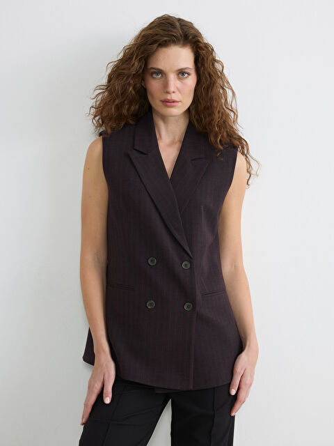 LCWAIKIKI Classic Kruvaze Yaka Çizgili Kadın Klasik Yelek - S6LE69Z8-LET