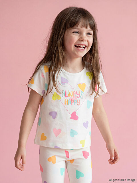 LCW Kids Bisiklet Yaka Desenli Kız Çocuk Tişört