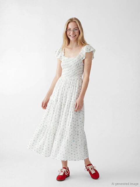 XSIDE Kare Yaka Çiçekli Poplin Elbise