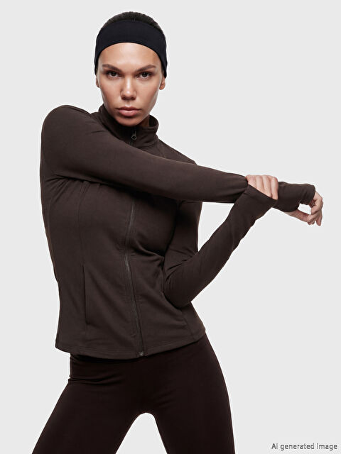 KOOR SPORT Dik Yaka Parmak Geçmeli Kadın Fermuarlı Sweatshirt	