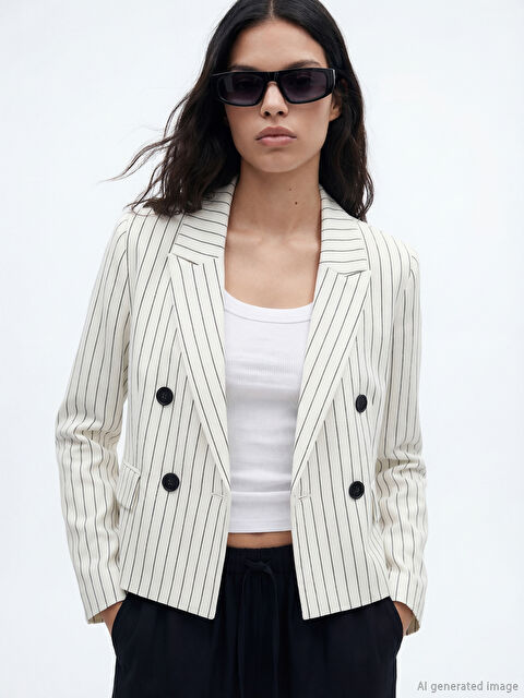 XSIDE Kruvaze Yaka Çizgili Kadın Blazer Ceket - S6LI92Z8-LJX