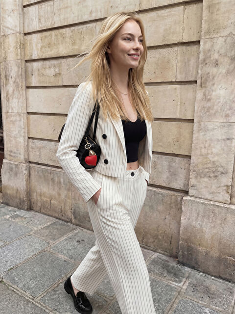 XSIDE Kruvaze Yaka Çizgili Kadın Blazer Ceket - S6LI92Z8-LJX