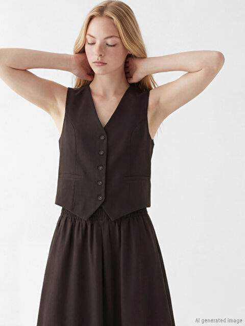 XSIDE V Yaka Keten Karışımlı Kadın Klasik Yelek