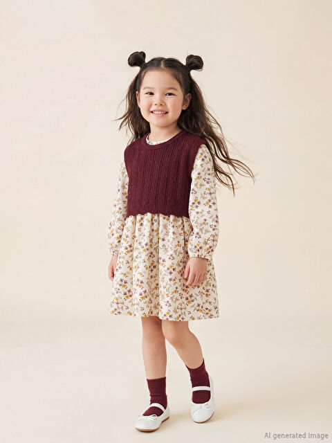 LCW Kids Çiçekli Kız Çocuk Elbise ve Süveter - S6LJ60Z1-LRA
