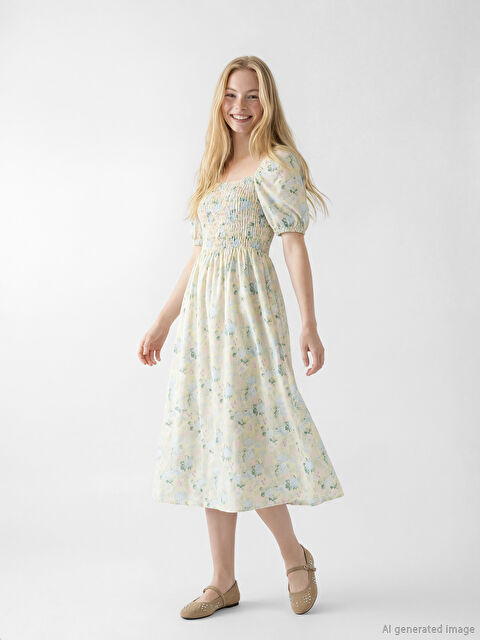 XSIDE Kare Yaka Çiçekli Balon Kollu Poplin Elbise