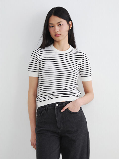 LCW Vision Crew Neck Short Sleeve Striped Women's Knitwear Sweater