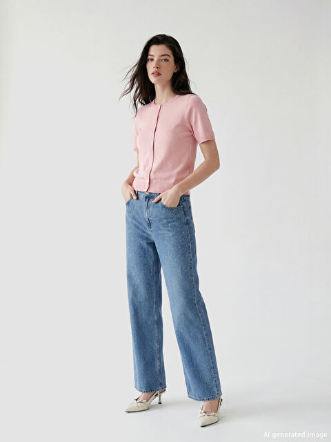 LCW Comfort Wideleg Taşlı Kadın Jean Pantolon - S6LK63Z8-507