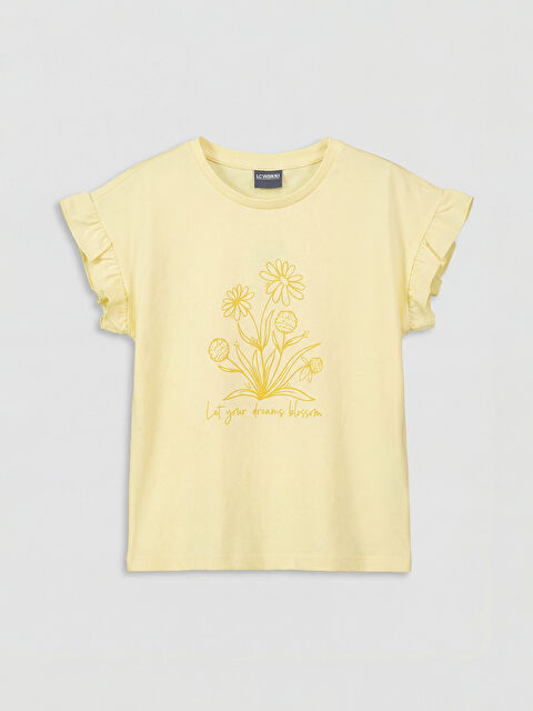 LCW Kids تي شيرت بناتي مطبوع بياقة دائرية ومزين بالكشكش - S6LK75Z4-TDB