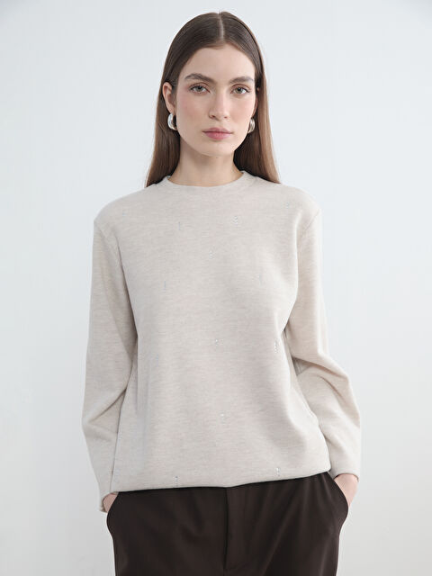 LCW Modest Bisiklet Yaka Taşlı Kadın Sweatshirt Tunik - S6LM71Z8-CR8