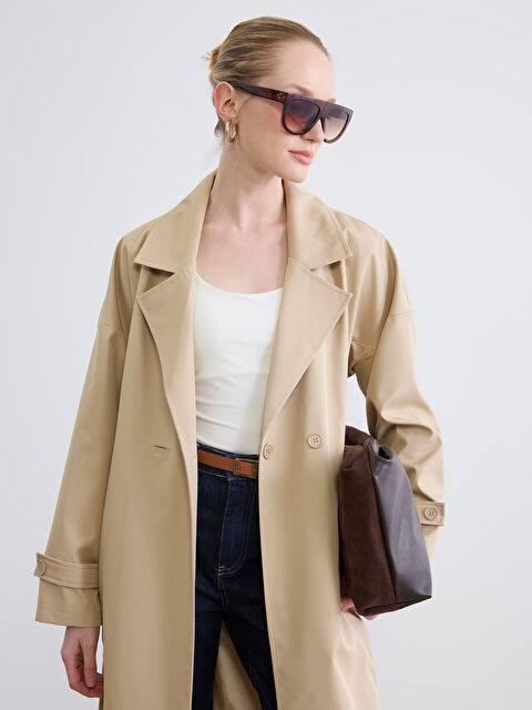 LC WAIKIKI Kruvaze Yaka Kuşaklı Oversize Kadın Trençkot - S6LO61Z8-DRR