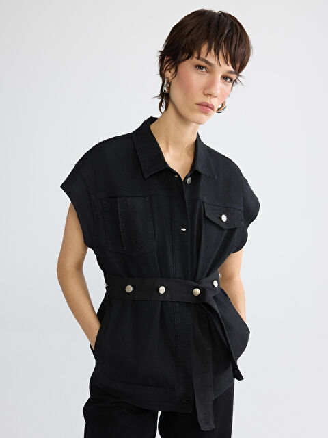 Natuvera Gömlek Yaka Kemerli Kadın Jean Yelek - S6LQ65Z8-J0F