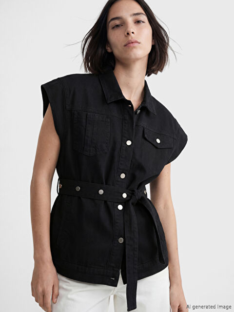 Natuvera Gömlek Yaka Kemerli Kadın Jean Yelek - S6LQ65Z8-J0F