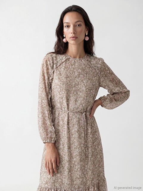 LCW EVERYDAY Fırfırlı Bisiklet Yaka Çiçekli Şifon Elbise - S6LR43Z8-F9C