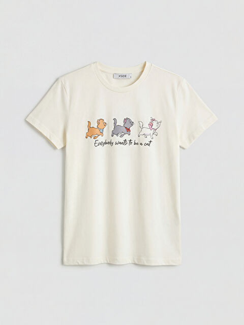 XSIDE Bisiklet Yaka Aristocats Baskılı Kadın Tişört - S6LR83Z8-YMU