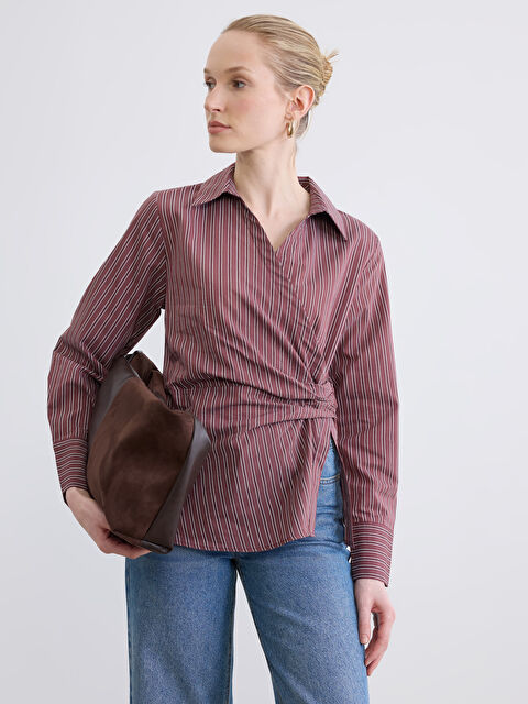 LCWAIKIKI Classic Kruvaze Yaka Çizgili Büzgülü Bluz - S6LS00Z8-LET