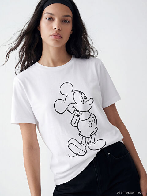 XSIDE Bisiklet Yaka Mickey Mouse Baskılı Kadın Tişört - S6LS22Z8-Q6K