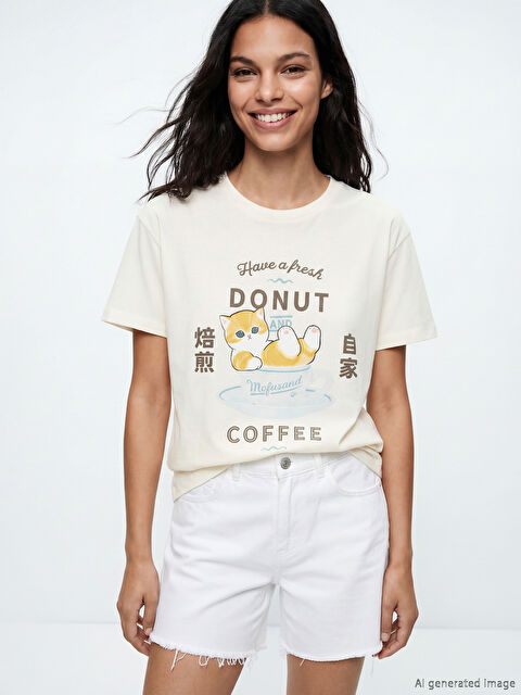 XSIDE Bisiklet Yaka Mofusand Baskılı Kadın Tişört - S6LS25Z8-F0B