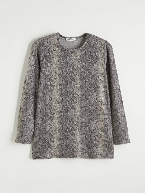 LCW Grace Bisiklet Yaka Yılan Derisi Desenli Kadın Tişört - S6LT74Z8-LRX