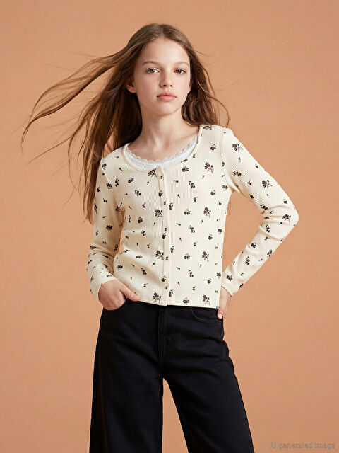 LCW Kids Bisiklet Yaka Çiçekli Kız Çocuk Fitilli Tişört - S6LY94Z4-LRA