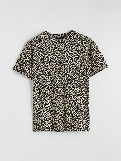 LCW Comfort Bisiklet Yaka Leopar Desenli Kadın Tişört - S6M098Z8-LQY