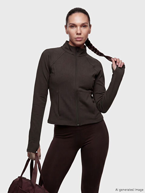 KOOR SPORT Dik Yaka Parmak Geçmeli Kadın Fermuarlı Sweatshirt - S6M174Z8-HNM