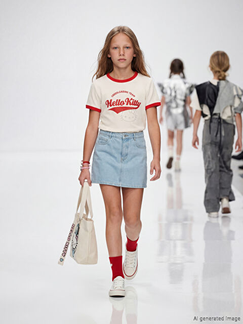 LCW Kids Hello Kitty Baskılı Kız Çocuk Fitilli Tişört