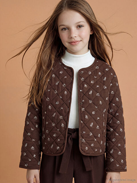 LCW Kids Bisiklet Yaka Çiçekli Kapitone Kız Çocuk Ceket - S6M191Z4-LQY