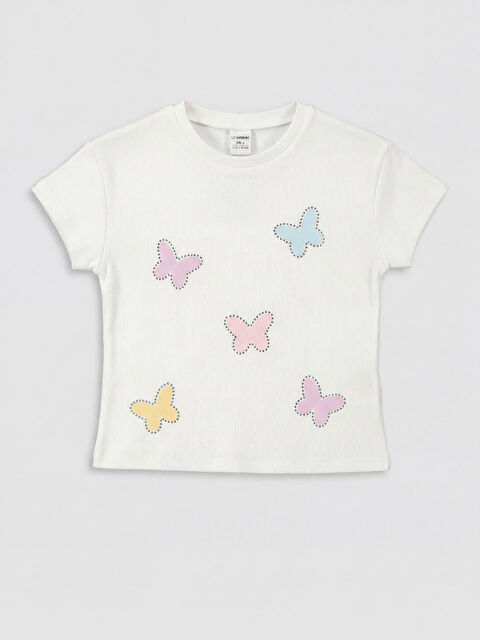 LCW Kids Bisiklet Yaka Kelebek Baskılı Kız Çocuk Tişört